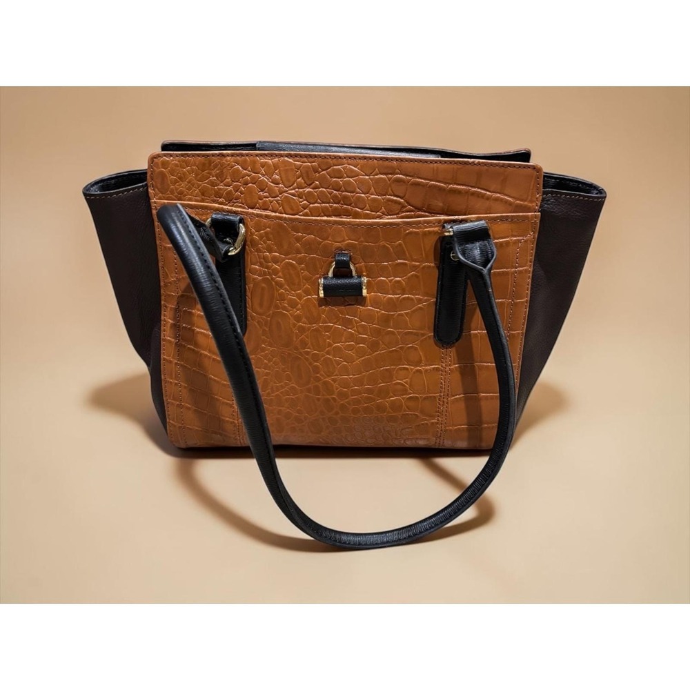 Tignanello Genuine Leather Croc Embossed Satchel Tote Cognac Brown Shoulder EUC